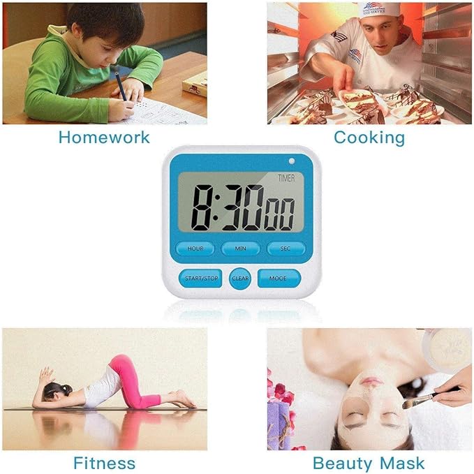 Upgraded Digital Kitchen Timer, ON/Off Switch, 12/24 Hour Clock and Silent Timers, Count Up & Count Down for Kids Teachers Cooking Games Office, Large LCD Display, Loud Alarm and Strong Magnet (Blue)