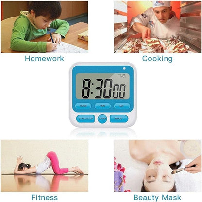 Upgraded Digital Kitchen Timer, ON/Off Switch, 12/24 Hour Clock and Silent Timers, Count Up & Count Down for Kids Teachers Cooking Games Office, Large LCD Display, Loud Alarm and Strong Magnet (Blue)