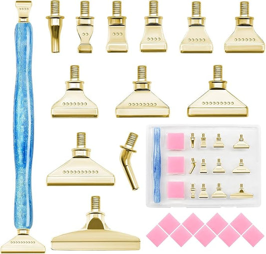 22PCS DIY Diamond Art Pen Painting Tool Set - Metal Threaded Tip Accessories Gem Resin Dotting Pen Supplies Kit (Blue Pen + 12 Tips + 9 Dotting Clay)