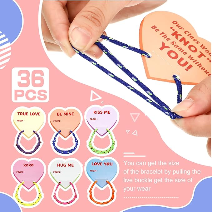 Yinkin 36 Sets Valentine's Day Bracelets with Cards Kids Friendship Bracelets Knot Design Bulk for Girls Boys Classroom Gifts Accessories Valentine's Day Party Favors Gifts Teacher Goody Bag Stuffers