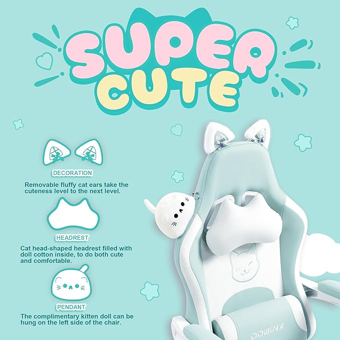 Dowinx Gaming Chair Cute with Cat Ears and Massage Lumbar Support, Ergonomic Computer Chair for Girl with Footrest and Headrest, Comfortable Reclining Game Chair 290lbs for Adult, Teen, Blue Green