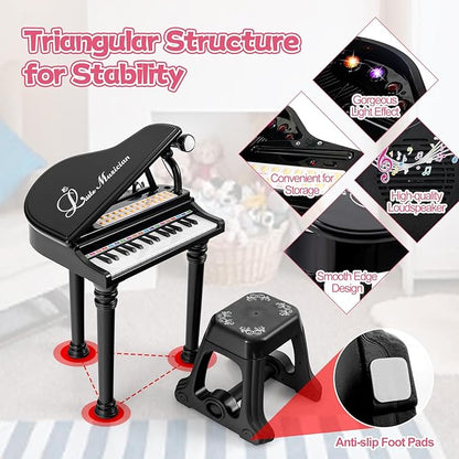 HONEY JOY Classical Kids Piano, 31-Key Toy Mini Grand Piano with Music Stand & Stool, Portable Electronic Educational Musical Instrument Toy w/ Microphone, Lights, Gift for Kids (Black, 31 Keys)