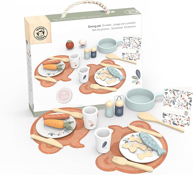 Speedy Monkey Wooden Dining Set for Two – 19-Piece Pretend Play Meal Kit with Pasta, Fish, Sausage, Vegetables, and More – for Kids 2yrs Up | Encourages Imagination, Role Play & Fine Motor Skills