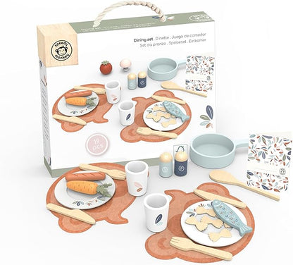 Speedy Monkey Wooden Dining Set for Two – 19-Piece Pretend Play Meal Kit with Pasta, Fish, Sausage, Vegetables, and More – for Kids 2yrs Up | Encourages Imagination, Role Play & Fine Motor Skills