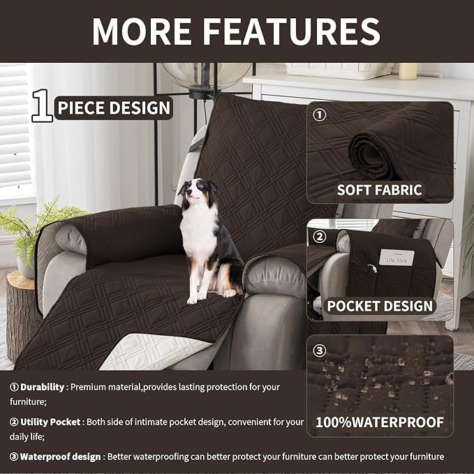 Easehomey 100% Waterproof Recliner Chair Covers, Non Slip Oversized Reclining Cover, Cover Furniture Protector Washable Chair Cover with Pocket,Elastic Straps for Kids,Pets,Dogs(Chocolate,28")