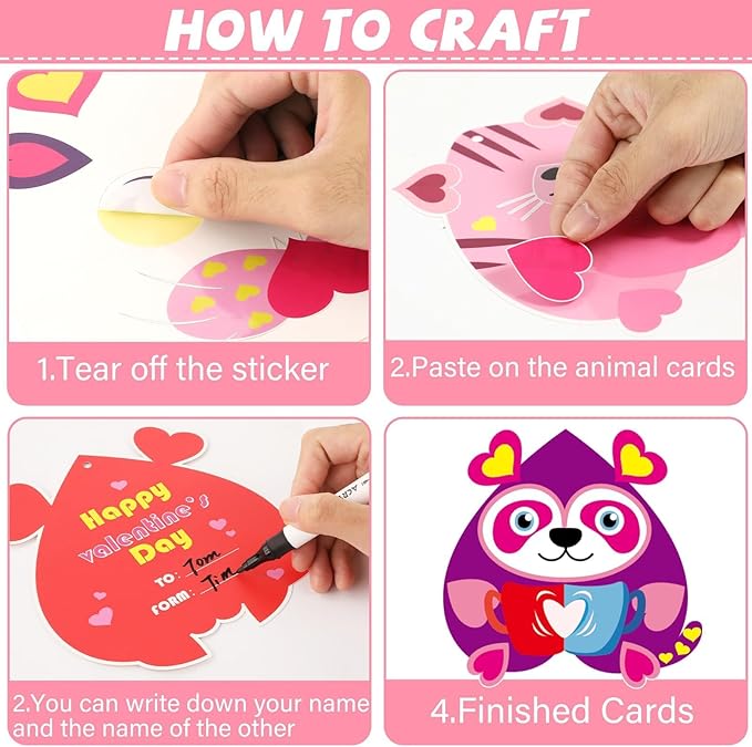 Qyeahkj 36 Sets Valentine's Day Animal Crafts for Kids DIY Valentines Craft Paper Kits Make Your Own Heart Owl Tiger Rabbit Bee Frog Bear Set for Valentine Spring Party Activity Game Toys