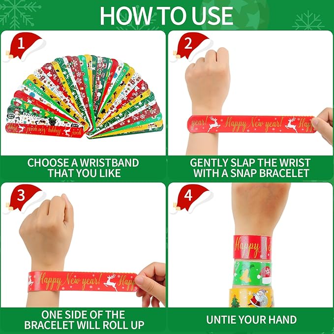 96 PCS Christmas Party Favors for Kids Bulk，Treats Bags Slap Bracelets Holiday Slap Bracelet Trinkets for kids School Classroom Students ，Goody Goodies Bag Stocking Stuffers Gifts Toys Xmas Gift