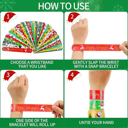 96 PCS Christmas Party Favors for Kids Bulk，Treats Bags Slap Bracelets Holiday Slap Bracelet Trinkets for kids School Classroom Students ，Goody Goodies Bag Stocking Stuffers Gifts Toys Xmas Gift
