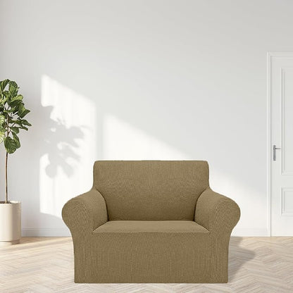 2025 New Stretch Chair Sofa Slipcovers Couch Cover for 1 Seater Furniture Protector Sofa Covers with Elastic Bottom Jacquard Fabric Small Checks for Pets, Kids - Tan