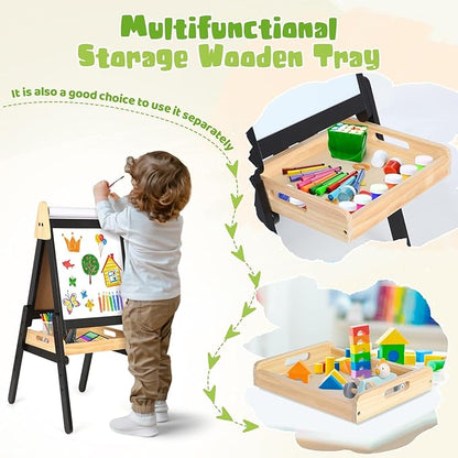3 in 1 Easel for Kids with Wood Tray Double Sided Kids Easel with Paper Roll,Magnetic Chalkboard & White Board Height Adjustable Painting Standing Easel for Toddlers Childrens 2+ (Black)