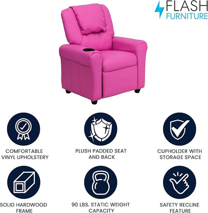 Flash Furniture Vana Vinyl Kids Recliner with Cup Holder, Headrest, and Safety Recline, Contemporary Reclining Chair for Kids, Supports up to 90 lbs., Hot Pink