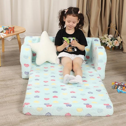 Extra Wider Seating Toddler Couch, 2-in-1 Toddler Soft Couch Fold Out with Star Pillow, Convertible Sofa to Lounger for Girls and Boys