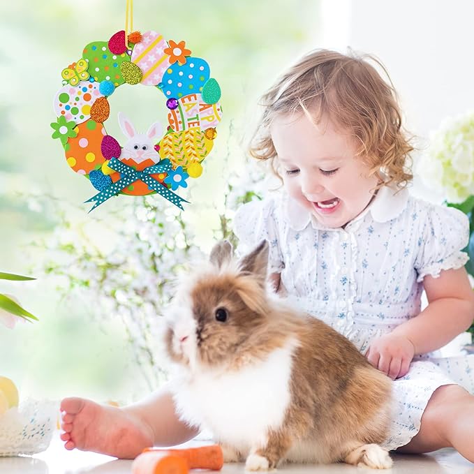 12 Sets Easter Wreath Signs Decorations DIY Foam Easter Craft Kits Easter Eggs Bunny Chick Foam Stickers Pom-Poms Googly Eyes for Kids Classroom Home Activity Art Project Gift Easter Front Door Décor