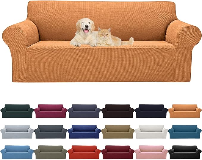 2025 New Stretch Oversized Sofa Slipcovers Couch Sofa Cover for 4 Seater Furniture Protector Covers with Elastic Bottom Jacquard Fabric Small Checks for Pets, Kids - Golden