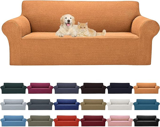 2025 New Stretch Oversized Sofa Slipcovers Couch Sofa Cover for 4 Seater Furniture Protector Covers with Elastic Bottom Jacquard Fabric Small Checks for Pets, Kids - Golden