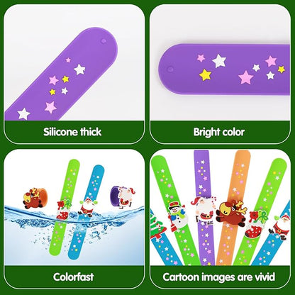 Welkin 6PCS Christmas Slap Bracelets For Kids,Colorful Silicone Bracelet, Soft and Safe Slap Bracelets Party Decorations Favors，Kids Christmas Party Gift