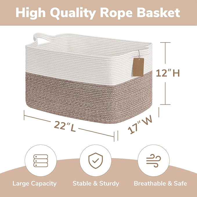 Goodpick Woven Storage Baskets for Organizing 22”x17”x12” Large Blanket Basket for Living Room Home Decor, Rope Nursery Toy Storage for Kids Baby Laundry Basket with Handles
