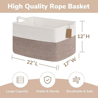 Goodpick Woven Storage Baskets for Organizing 22”x17”x12” Large Blanket Basket for Living Room Home Decor, Rope Nursery Toy Storage for Kids Baby Laundry Basket with Handles