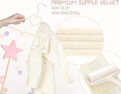 Beige Heart Velvet Baby Hangers - 50pack 13inch Toddler Hangers with 20pcs Clips,Ultra Slim and Stackable Space Saving
