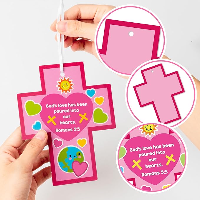 BeYumi Valentine Cross Craft Kit - 123Pcs Valentine's Day Cross Craft Kit DIY Christian Religious Hanging Ornament Make Your Own Sunday School Decoration Home Classroom Party Art Supplies for Kids