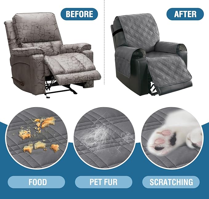 H.VERSAILTEX 100% Waterproof Recliner Chair Cover Nonslip Recliner Cover Stay in Place Electric Power Lift Recliner Slipcovers Fitted Standard Large Power Lift Recliner with Side Pocket,Grey/Beige