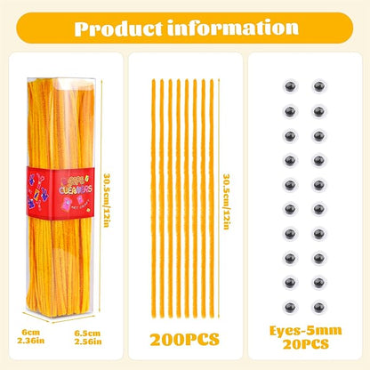 LOKUNN Pipe Cleaners, 200 Pcs Yellow Pipe Cleaners Craft Set, Solid Color Chenille Stems, DIY Arts and Crafts with Adhesive Eyes and Storage Box, Christmas Mother's Day Decoration Art Supplies