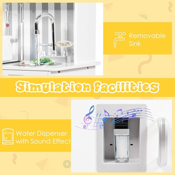 Mayjooy Kids Kitchen Playset, Wooden Play Kitchen w/7 Accessory Utensils, Blackboard, Sink, Stovetop, Sink, Cabinets, Fridge, Simulated Sound & Lights, Pretend Play Kitchen Set for Toddlers Boys Girls