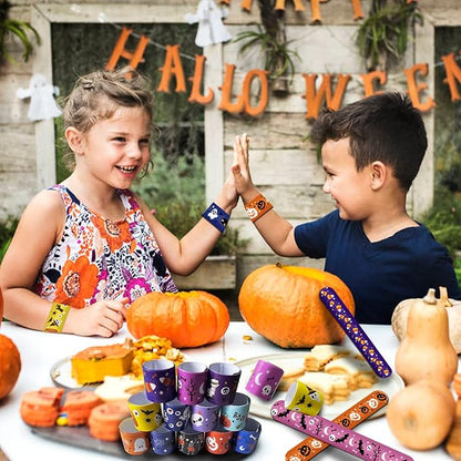 FOIMAS 48pcs Halloween Slap Bracelets,Halloween Snap Bracelet Pumpkin Witch Wristband for Kids Halloween Trick or Treat Bag Filler Party Favor Supply