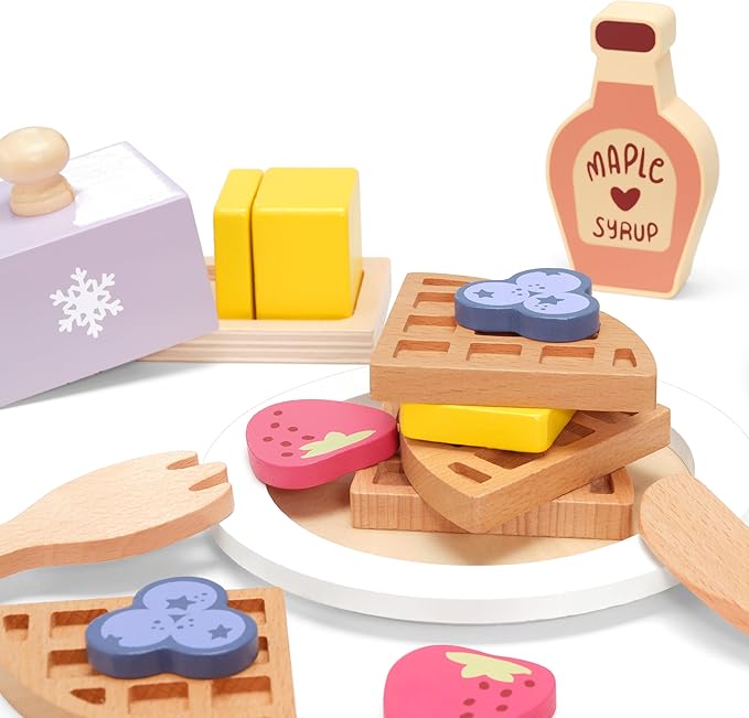 PairPear Wooden Waffle Maker Toy Food Playset, Kids Pretend Play Food Kitchen Accessories, Wooden Cooking Toy Baking Playset, Toddler Play Breakfast Brunch Tea Sets Cutting Food Gift for Girls Boys 3+