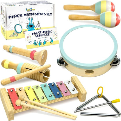 MINIARTIS Musical Instruments Set - Montessori Wooden Toys for Toddlers 1-3 | Modern Boho Baby Xylophone with Songbook | Neutral Colors Percussion Instruments | Kids Preschool Educational