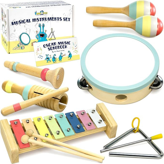 MINIARTIS Musical Instruments Set - Montessori Wooden Toys for Toddlers 1-3 | Modern Boho Baby Xylophone with Songbook | Neutral Colors Percussion Instruments | Kids Preschool Educational