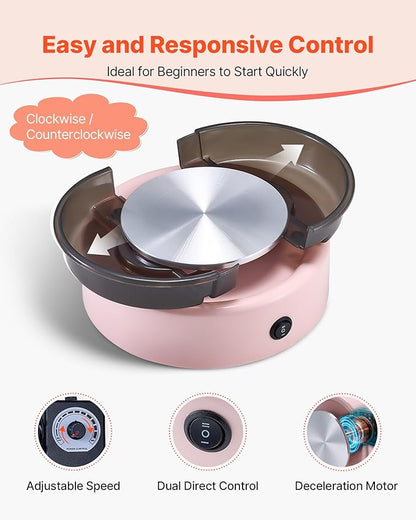 VEVOR Mini Pottery Wheel for Kids and Adults Beginners, 6" Turntables & Speed Adjustable, Complete Pottery Kit With Air Clay Art Supplies Sculpting Tools for Girls Birthday Christmas Craft Gifts, Pink