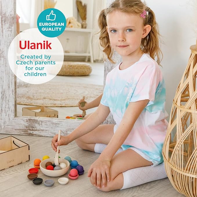Ulanik Balls on Plates Toddler Montessori Toys for 1+ Year Old Kids Wooden Matching Game for Learning Color Sorting and Counting — 12 Balls, 1.18 in