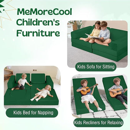 MeMoreCool 10-Piece Modular Kids Play Couch, Convertible Foam Climbing Sofa for Playroom & Reading Corner, Forest Green Kids Furniture Set