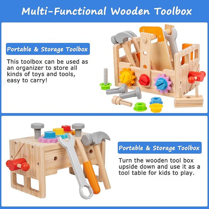 HOMEE Wooden Kids Tool Set, 25 Pcs Toddler Tool Kits, Tool Toys Box, Tool Set for Kids, Montessori STEM Educational Tools Toys, Pretend Play Construction Toys for 3 4 5 Years Kids Boys and Girls