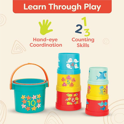 B. toys- Bazillion Buckets- Sort & Stack- 10 Stacking Cups – Numbered Nesting Cups – Bath & Backyard Toys – Educational Play Set for Toddlers, Kids – 18 Months +