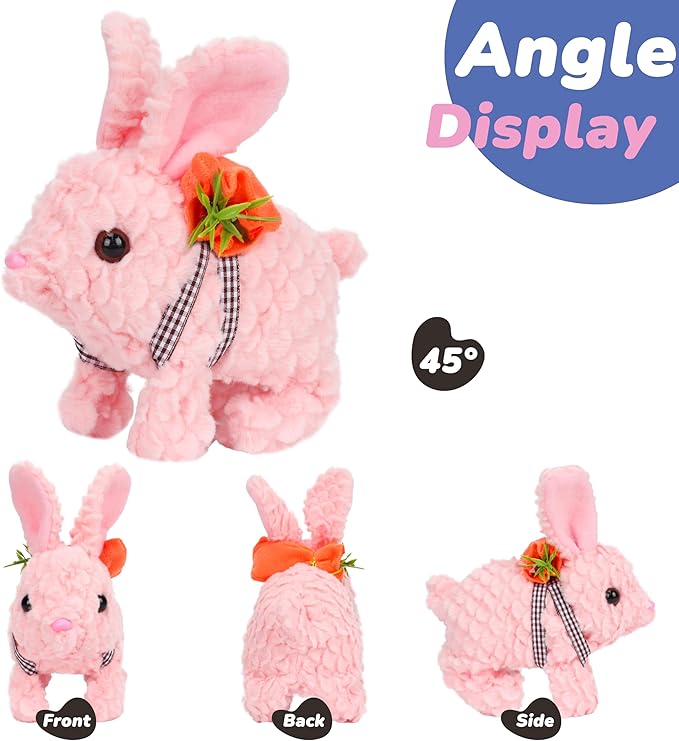 Hopearl Hopping Rabbit with LED Ears Carrot Backpack Interactive Plush Bunny Toy with Sounds Animated Walking Wiggle Light up Ears Twitch Nose Gift for Toddlers, Pink, 7''