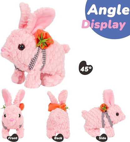 Hopearl Hopping Rabbit with LED Ears Carrot Backpack Interactive Plush Bunny Toy with Sounds Animated Walking Wiggle Light up Ears Twitch Nose Gift for Toddlers, Pink, 7''