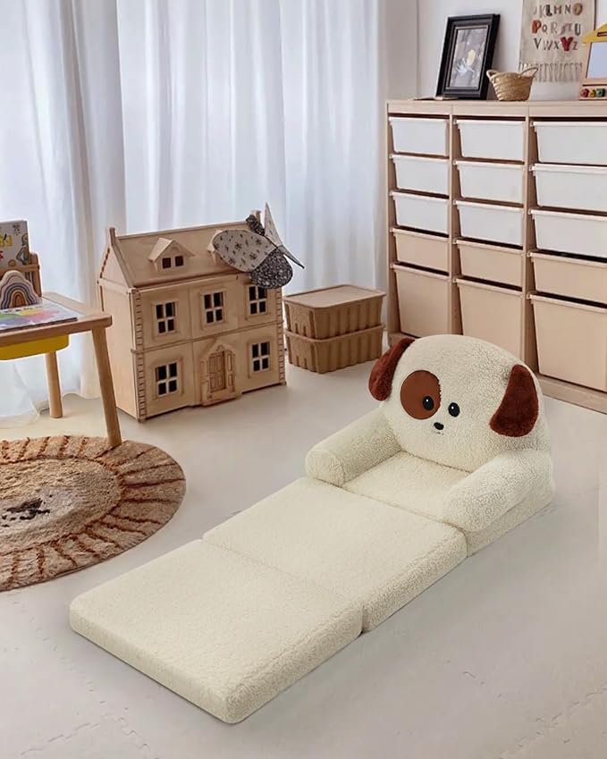 MOONBEEKI Comfy Toddler Chair, Kids Couch Fold Out to Lounger, Foldable Baby Sofa Plush for Girl and Boy Age 18 Months and Up （Charlie Dog）