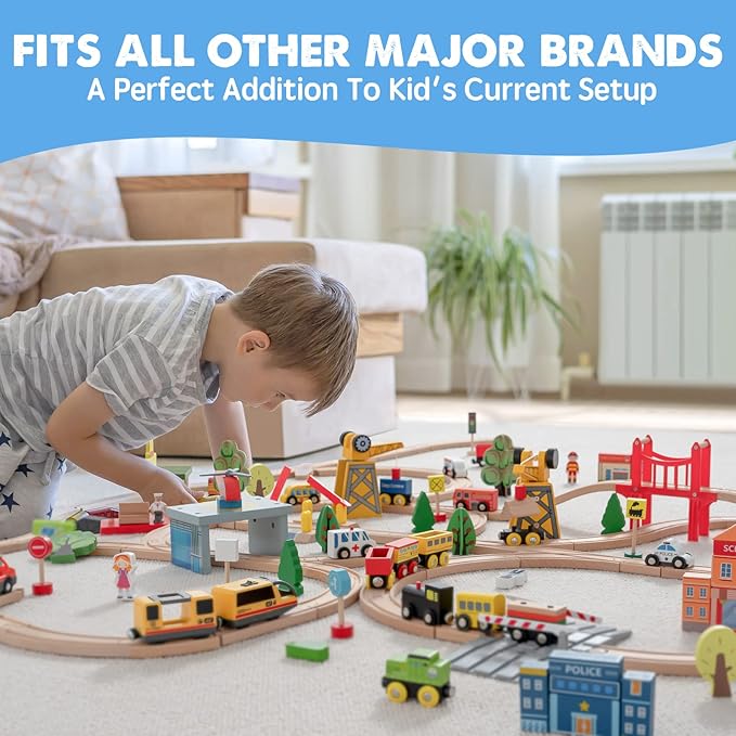 Tiny Land 55PCS Wooden Train Set - Compatible with Major Brand Tracks, Educational Toy for Toddlers & Kids Ages 3-7, Durable Wooden Railway Tracks