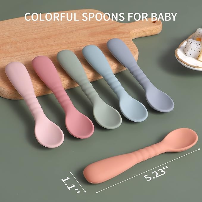 ME.FAN Silicone Baby Feeding Spoons [6 Pack] First Stage Baby Infant Spoons - Baby Utensils Soft Training Spoon Self Feeding - Chew Spoon Set for Babies and Toddlers