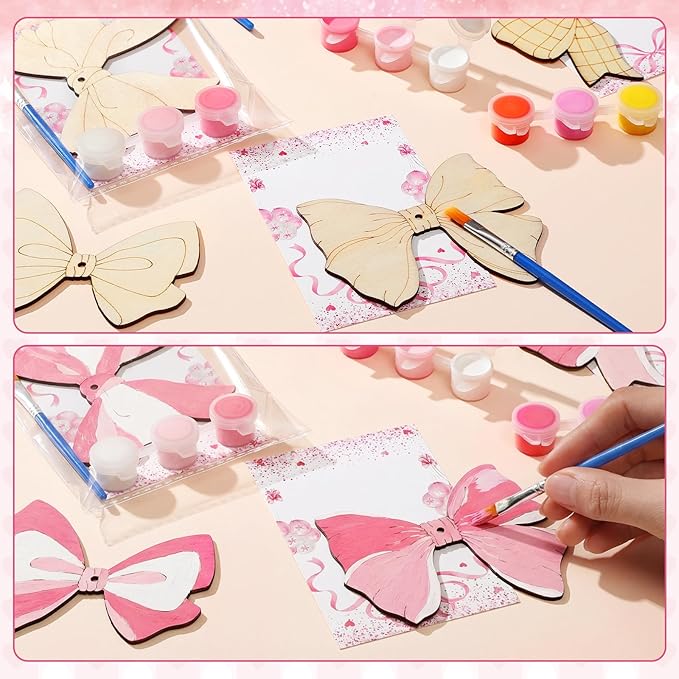 Saypacck 24 Pcs Party Favors Wooden Painting Craft Kits Wild West Party Supplies with Organza Bag for Rodeo Western Farm Barnyard Birthday Favors Goodie Bags Fillers(Bowknot Style)