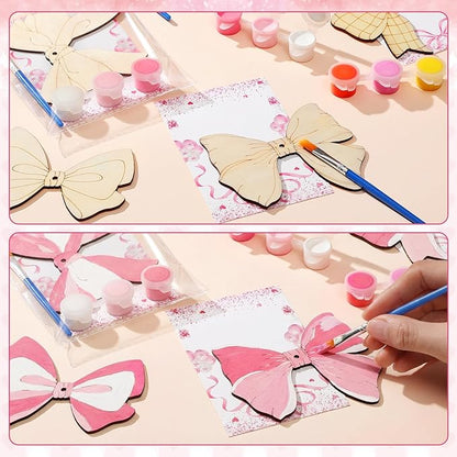 Saypacck 24 Pcs Party Favors Wooden Painting Craft Kits Wild West Party Supplies with Organza Bag for Rodeo Western Farm Barnyard Birthday Favors Goodie Bags Fillers(Bowknot Style)