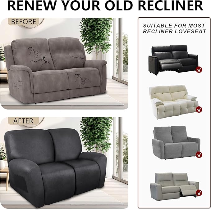 Loveseat Recliner Cover Leather Look Recliner Loveseat Covers Recliner Sofa Cover for 2 Seater Reclining Couch Spandex Fabric Washable 6 Pieces (2 Seater, 01 Dark Gray)