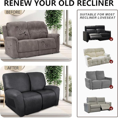 Loveseat Recliner Cover Leather Look Recliner Loveseat Covers Recliner Sofa Cover for 2 Seater Reclining Couch Spandex Fabric Washable 6 Pieces (2 Seater, 01 Dark Gray)