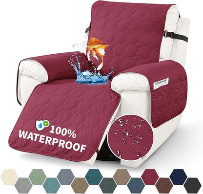 XINEAGE 100% Waterproof Recliner Chair Cover, Non Slip Covers for Recliner Chair with Pocket, Washable Dog Recliner Couch Cover with Elastic Straps (Wine Red, 23.6")
