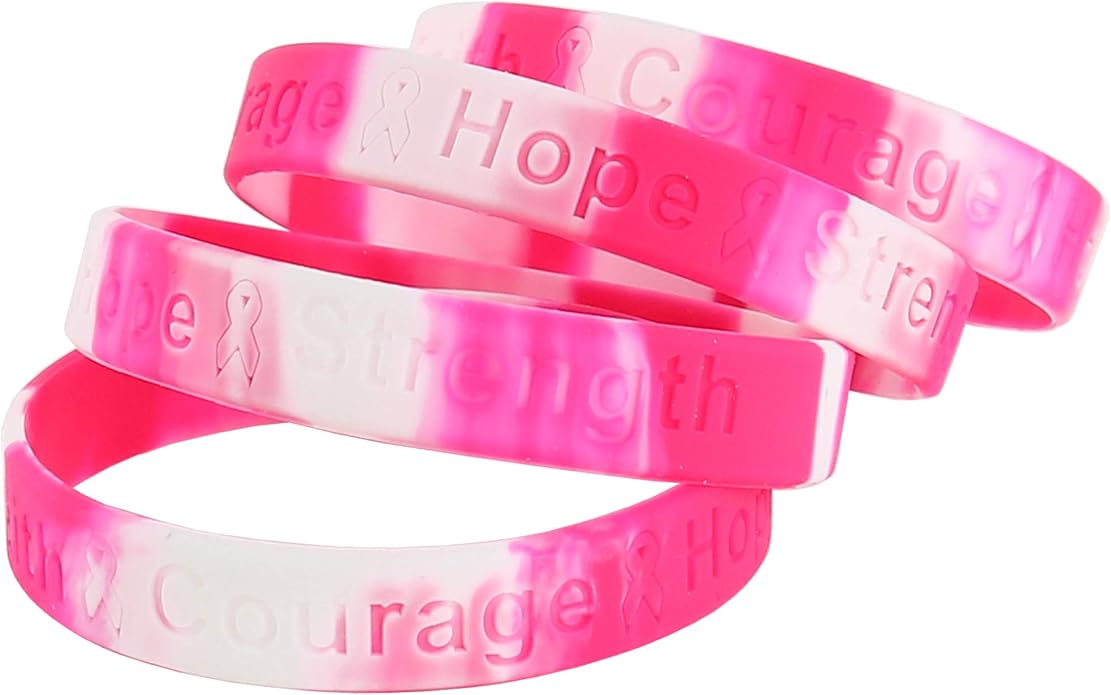 Skeleteen Breast Cancer Awareness Bracelets - Pink Ribbon Camouflage Silicone Rubber Cancer Support Bulk Party Giveaways Favors - Lot of 50