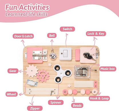 Potatomato Pink Montessori Wooden Busy Board – Sensory Toy for Toddlers – Educational Activity Board for Kids Fine Motor Skills– Travel Fidget Toy for Girls & Boys – Birthday Gift for Autism & ADHD
