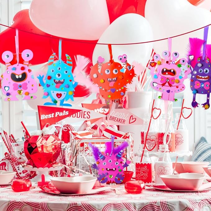 30 Sets Valentines Day Crafts for Kids, DIY Foam Monster Valentine Cards Craft Kit for Kids, Valentines Hanging Decorations Ornament Valentines Activities Supplies for School Classroom Home