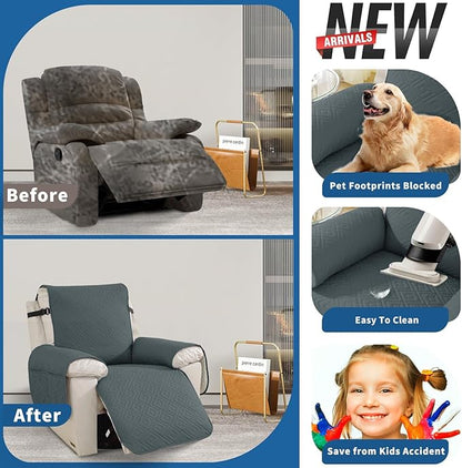 XINEAGE 100% Waterproof Recliner Cover, Non Slip Recliner Chair Cover with Elastic Band, Washable Recliner Slipcover with Storage Pockets for Kids, Pets (Dark Grey, 25")